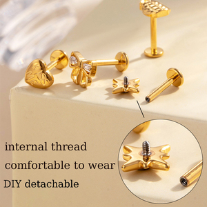 HENGSEN ASTM F136 Titane 16G Clou d'oreille à dos plat fileté intérieurement, motif Lune Étoile, pour piercing de lobe d'oreille, cartilage et hélix - Product Image 3