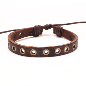 Retro Brown Punk Men's Leather <b>Bracelet</b> With Metal Grommets <b>Adjustable</b> Cord Closure For Gift Jewelry Accessory - Product Image 1