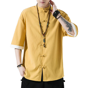 เสื้อเชิ้ตผ้าฝ้ายลินินคอจีนสำหรับผู้ชาย แขนครึ่งตัว ทรงหลวม สไตล์จีนลำลอง - Product Image 1