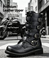 Bottes tactiques noires pour hommes à tige haute, avec boucles métalliques, semelle extérieure en caoutchouc antidérapante, bottes de moto tendance