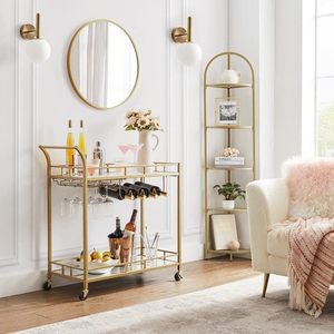 Luxe Eetkamer Goud Metalen Wijnkar Serveren <span class=keywords><strong>Trolley</strong></span> Met 2 Spiegelplanken Thuis Keuken Barkar - Product Image 3