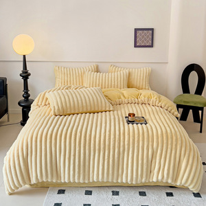 Ensemble de literie en fourrure de lapin épaisse pour l'hiver, quatre pièces, de haute qualité, luxe léger, couleur unie, couvre-lit, drap de lit, en polaire corail, simple - Product Image 5