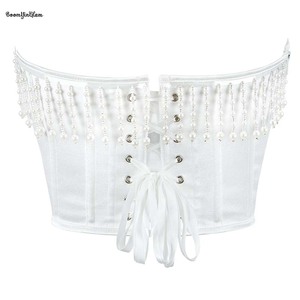 Tessuto satinato sovrastato corsetto da donna Crop <span class=keywords><strong>Top</strong></span> <span class=keywords><strong>bianco</strong></span> perla con perline da sposa con corsetto bustino con cerniera - Product Image 3