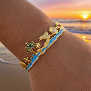 Anillo Abierto Estilo Océano, Joyería de Acero Inoxidable que No se Desvanece, Pulsera de Estrella de Mar y Palmera, Accesorio de Moda - Product Image 1