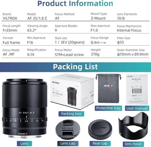 เลนส์ Viltrox 35 มม. F1.8 Z Mount ฟูลเฟรม มุมกว้าง แบบฟิกซ์ 9 ใบพัด 70 มม. อลูมิเนียม สำหรับกล้อง Z ของ DF Wholesale - Product Image 6