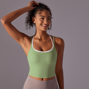 Wholesale <b>Women</b> Longline Sports Bra Cross Back Thin Strap Breathable Padded Cropped Yoga Tank for Running Fitness Daily Wear - Product Image 1