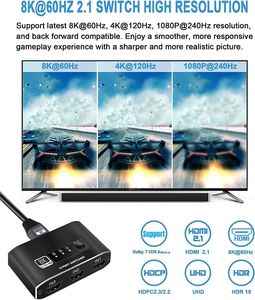 8K HDMI Switch Box 3x1 8K60hz 4K 120hz HDMI 2.1 Switcher adaptörü HDCP PS5 PS4 Xbox için 1 Out dönüştürücü içinde <span class=keywords><strong>2.3</strong></span> 3 Apple TV PC - Product Image 3