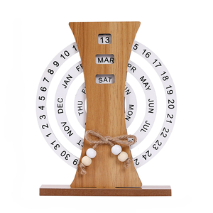 Horloge de bureau en bois design moderne forme de lune calendrier de date affichage manuel de l'aiguille de rotation - Product Image 3