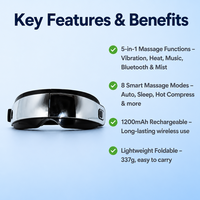 Masseur oculaire sans fil rechargeable avec vibration, chaleur et musique, batterie 1200 mAh pour améliorer le sommeil et la relaxation des yeux