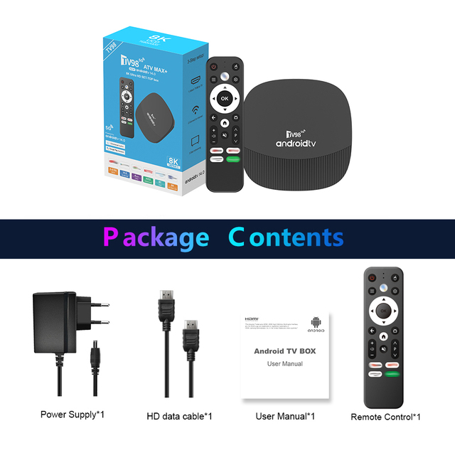 Android 14 TV Box TV98 ATV MAX+ 8K Media Player Dual Band 2.4G/5GHz WiFi 2GB RAM+16GB ROM Smart TV Stick Voice Remote