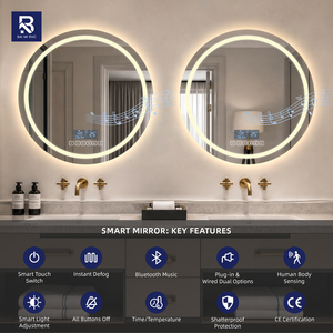 <span class=keywords><strong>Espejo</strong></span> LED Redondo Inteligente con Altavoz Bluetooth, Reloj, Temperatura, Marco Negro Ancho, <span class=keywords><strong>Espejo</strong></span> de <span class=keywords><strong>Baño</strong></span> Circular con Doble Retroiluminación para Decoración de Hotel de Lujo - Product Image 2