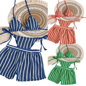 Ensemble trois pièces de maillot de bain sexy bohème pour femme, style boxer, en maille tricotée, chiffon et résille rayée, coupe fendue, pour le commerce transfrontalier - Product Image 1