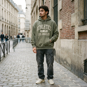 Felpa con Cappuccio Verde Oliva Lavata da Uomo, Stampa <span class=keywords><strong>Los</strong></span> <span class=keywords><strong>Angeles</strong></span>, Personalizzabile OEM, Alta Qualità, Streetwear Casual - Product Image 2
