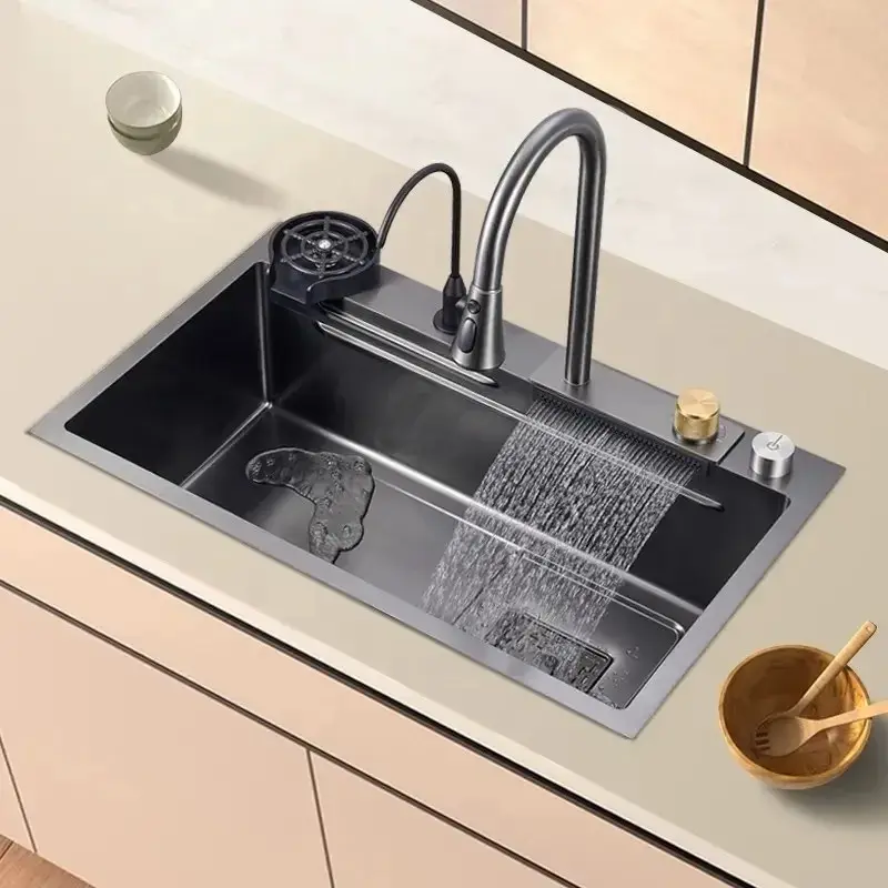 HUARUILI Tiktok Trends Metal Grey black Stainless Steel Kitchen Sink Sets with Flying Rainfall Faucet Single Bowl Kitchen Sink