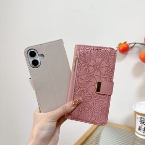 Étui portefeuille pliable en cuir PU avec motif floral et feuilles, avec cordon court, pour iPhone 17 16 15 14 13 Pro Max - Product Image 1