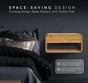 Modern Small Spaces <strong>Wall</strong> Mounted Nightstand Bamboo Floating <strong>Bedside</strong> <strong>Table</strong> With Drawer for Bedroom Living Room - Product Image 5