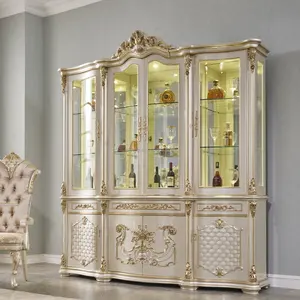 Luxury Classic Furniture Wooden Wine Cabinet Antique Living Room Dining Room Wood Carved Cupboard Glass Door Display Cabinet