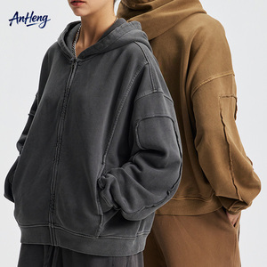 Custom Men Vintage <b>Zip</b> <b>Up</b> Hoodie Raw Edge Patchwork 100 Cotton Pigment Dyed Oversized Streetwear <b>Jacket</b> Wholesale Supplier - Product Image 1