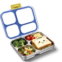 Boîte à lunch en acier inoxydable pour enfants, boîte à lunch bento pour enfants à 4 compartiments, étanche, avec couvercle transparent pour l'école et les voyages