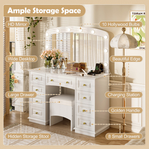 Luxurious Modern Bedroom <b>Mirror</b> Makeup Vanity LED Lighting 3 Color 9 Storage Drawers Cushioned Stool White MDF Apartment - Product Image 5