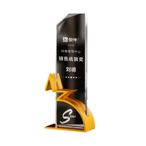 Guangzhou Wholesale k9 Crystal star Award Plaque custom laser engraved logo Crystal Trophy with gold metal base