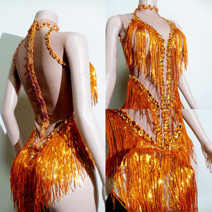 Combinaison en Spandex/Polyester à imprimé numérique avec franges en strass orange coucher de soleil, pour spectacle sur scène, showgirl, diva, drag queen - Product Image 6