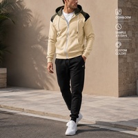 Ensemble survêtement homme : sweat à capuche zippé et pantalon de jogging, couleur crème olive, 100 % coton tricoté, décontracté pour l'automne