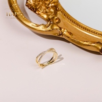 Modischer Wasserdichter 14K Vergoldeter Kupferring Kreuz-Pavé Zwei Kreise Zierlicher Weißer Diamant Edelsteinring für Damen