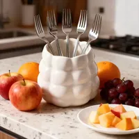 Ensemble de fourchettes à fruits en céramique style crème avec perles, décoration de table de fruits de grande valeur, tube de rangement élégant pour table basse