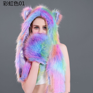 Einhorn Farbe Kunst pelz Hut mit bedruckten Cartoon Tier muster Jacquard Style Schal Handschuhe Set für Amazon und Ebay - Product Image 1