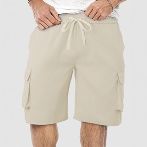 Men's Khaki Cargo Shorts Mid Waist Drawstring Closure Casual Bermuda Length With Side Pockets Breathable Cotton Fabric - Product Image 3