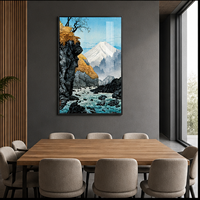 Art mural Paysage Montagneux Scandinave en Aluminium – Impression de Sommet Enneigé et Rivière pour Salons, Bureaux, Hôtels et Cabanes de Style Nordique