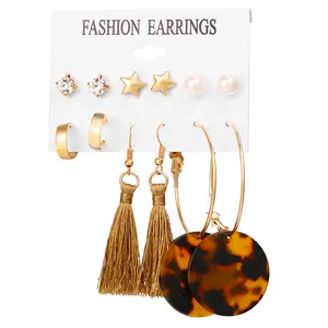 New Bohemian Fashion Jewelry 6 Pairs Earrings Set Tassel Long Layered Dangle Fringe Hoop Drop Stud Earring Set For Women