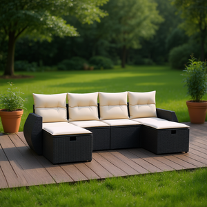 Grand ensemble de canapés de jardin modulaires en polyrotin noir, mobilier d'extérieur au design contemporain avec coussins en mousse haute densité - Product Image 2