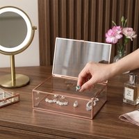 Boîte à bijoux en verre transparent en gros avec cadre en métal or rose, couvercle à charnière et base en bois pour le rangement et la présentation de bijoux