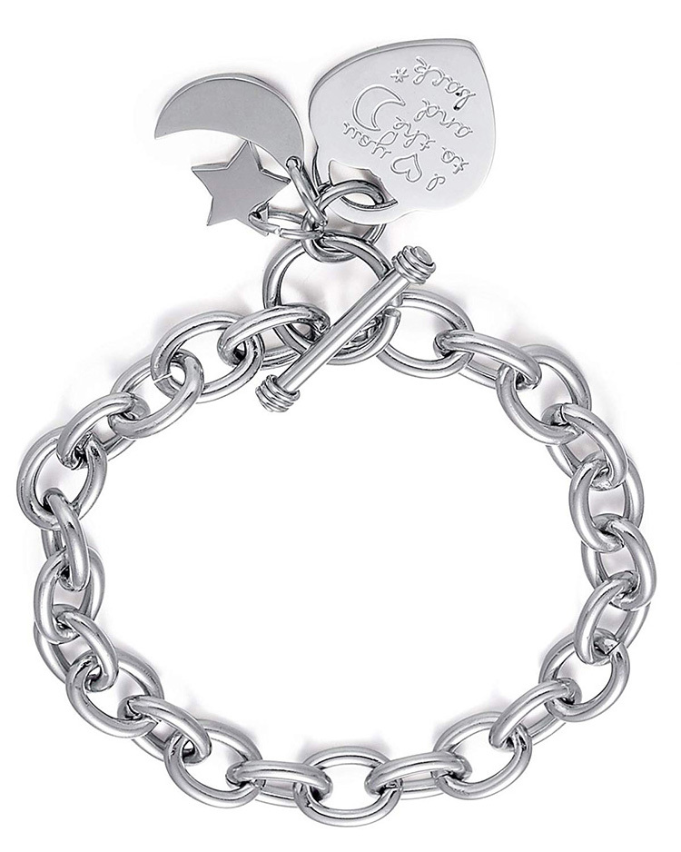 Mots gravés "Je T'aime à la Lune et Au Dos" et Coeur Étoile de Lune En Acier Inoxydable Charme À Bascule bracelet