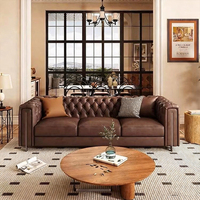 Sofá Combinado de Cuero Genuino de Cuatro Plazas, Estilo Retro Americano, Nueva Combinación de Esponja Encerada al Aceite para Sala de Estar de Villa