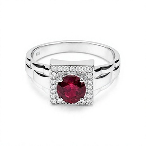 Bague en argent sterling 925 plaqué rhodium avec diamant rond en rubis, sertie de griffes, bijoux de luxe pour fiançailles et mariage - Product Image 2