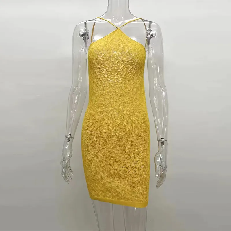 Yellow High-End Summer Women's Temperament Open-Back Hollow Short Dress Mini Sexy Crochet Backless Dress