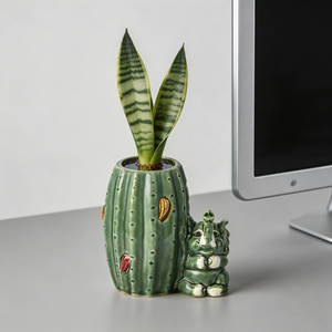 Pot de fleurs en céramique en forme de <span class=keywords><strong>cactus</strong></span>, écologique, personnalisé OEM/ODM, avec éléphant de dessin animé mignon et glaçure verte craquelée, pour plantes succulentes d'extérieur - Product Image 4