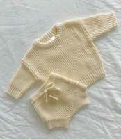 Ensemble 2 pièces pour bébé personnalisé, neutre, en tricot 100% coton épais, pull à manches longues uni et bloomers assortis pour l'automne
