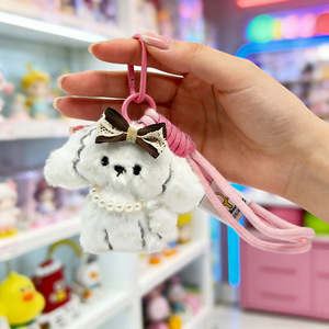 Llavero de muñeco de peluche suave y esponjoso de cachorro Bichón Frisé con lazo y correa de muñeca - Product Image 6