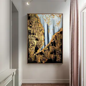 Decorazione per soggiorno grande arte della parete dipinta a mano opera d'arte con lamina d'oro astratta incorniciata a mano tela