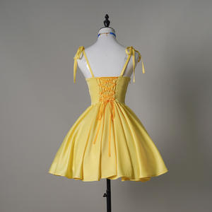 Stile coreano giapponese adorabile Mini vestito giallo abito con fiocco plissettato stile dolce benda abiti da compleanno Slim Fit - Product Image 4