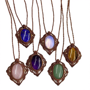 Bohemian Natural Gemstone Oval Cabs Necklace Crystal Rhinestone Gold Plated Hand Braided Waxed <b>Rope</b> Unisex Gift Jewelry - Product Image 4