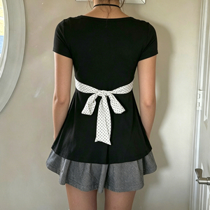 Blusa con lazo frontal para mujer, estilo coreano, informal, de manga corta, con efecto de dos piezas y aspecto superpuesto. - Product Image 5