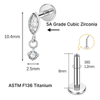 JiaXin ASTM-F136 Titanium Tanpa Ulir Pin Dorong Belakang Datar Stud Labret Medusa Conch Lobus Bunga Zirkonia Kubik Perhiasan Tindik Tubuh 16G