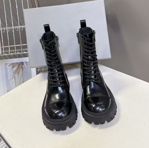 Black glossy leather thick-soled Martin <b>boots</b> with laces with leather straps for motorcycle wear women's mid-calf <b>boots</b> - Product Image 4