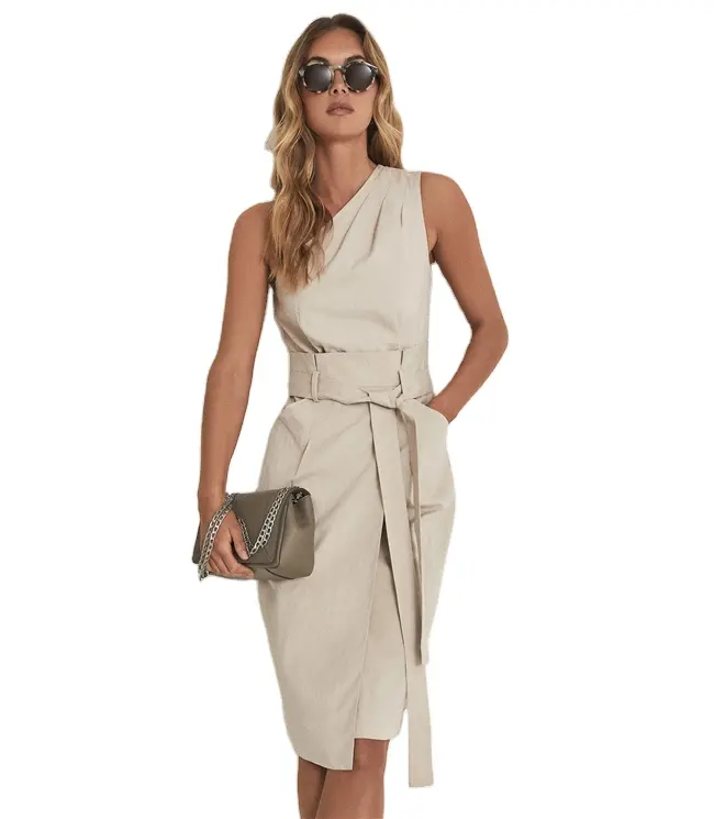 2021 Summer Female Elegant Office Ladies Stylish Sleeveless Custom Beige One Shoulder Midi Dress for Women