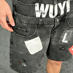 Men's Double Waist Denim Shorts Summer Casual Vintage Washed 3D Embroidery <b>Button</b> Detail Streetwear Custom Wholesale - Product Image 2
